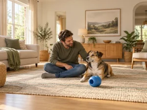 An adult and a calm dog sit beside a generic blue food toy.