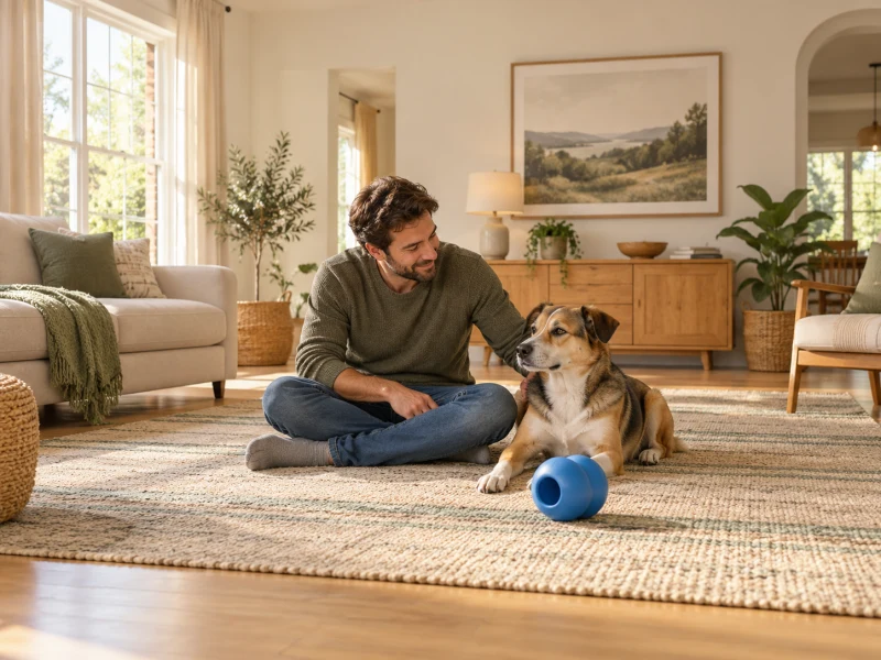 An adult and a calm dog sit beside a generic blue food toy.