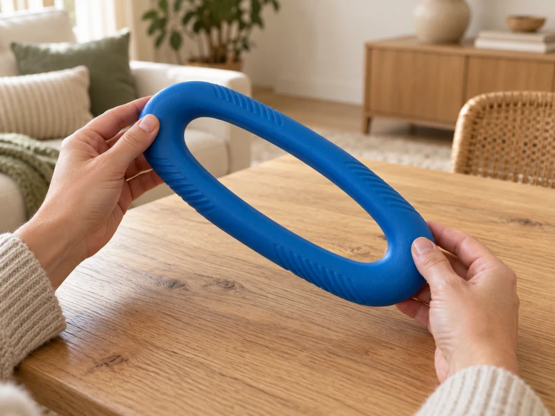 Hands inspect the intact grip of a generic blue rubber tug ring.