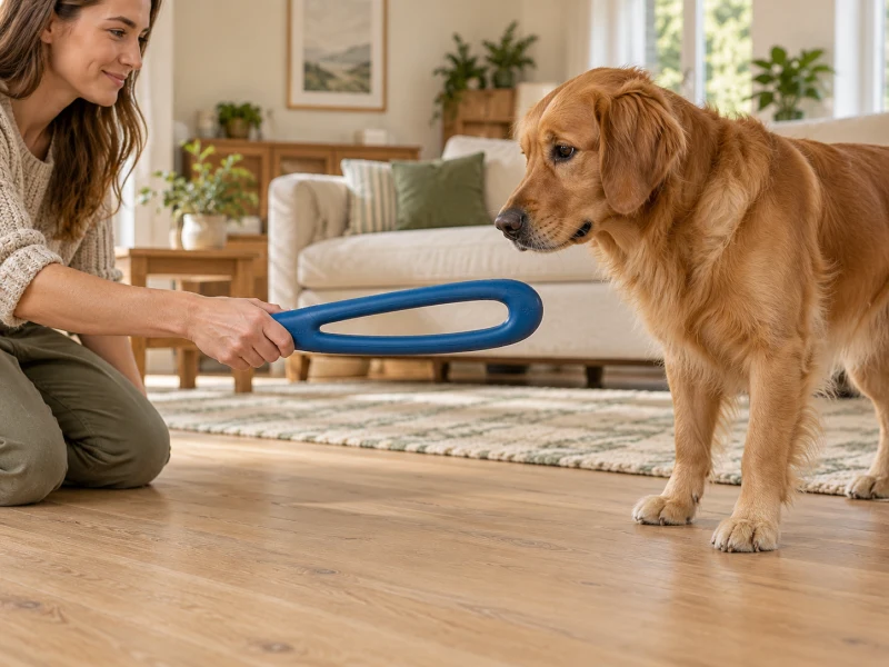 An adult holds a generic blue tug ring near a standing dog with its mouth closed.