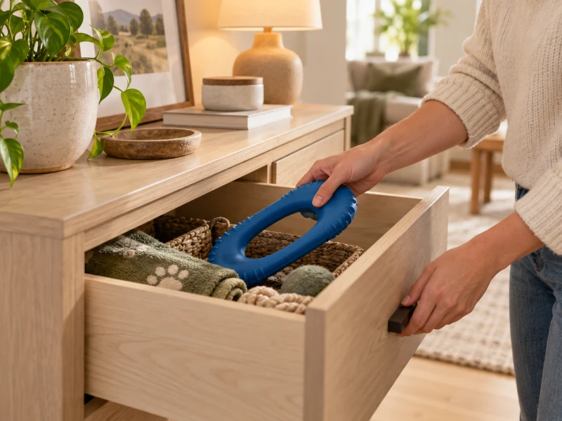Hands put a generic blue rubber tug ring into a high console drawer.