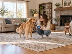 A woman holds a generic blue rubber ring beside a calm dog.