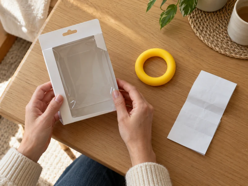 Hands hold plain toy packaging beside a folded receipt and generic yellow ring.