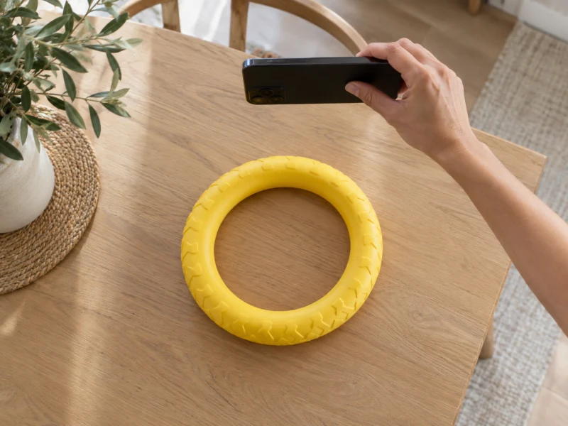 A hand holds a phone over a generic yellow rubber ring on a table.