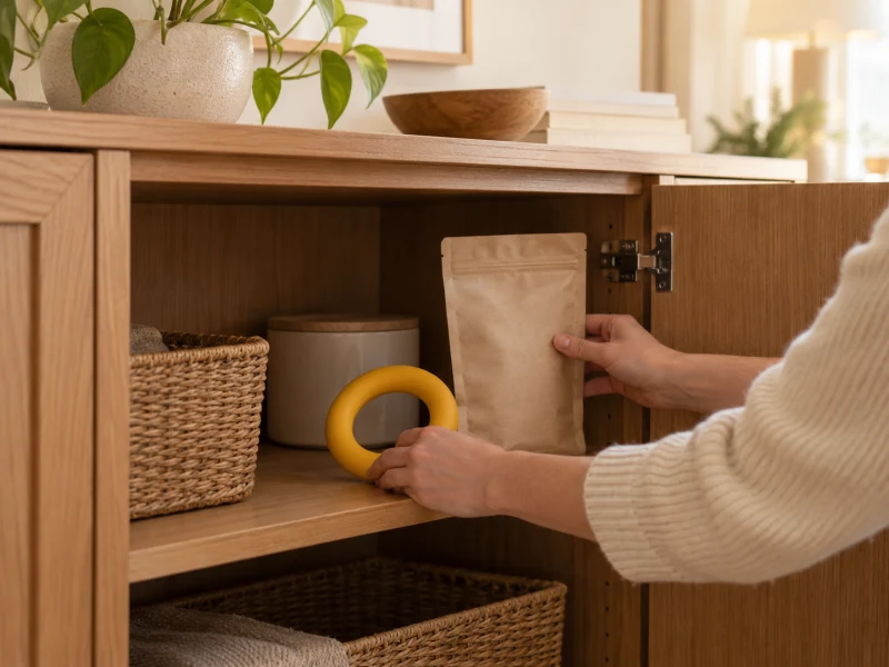 Hands place a generic yellow ring and plain packaging into a cupboard.