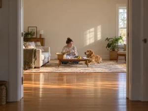A woman sorts plain toy packaging beside a calm dog.