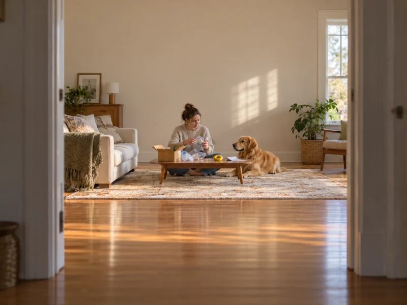 A woman sorts plain toy packaging beside a calm dog.