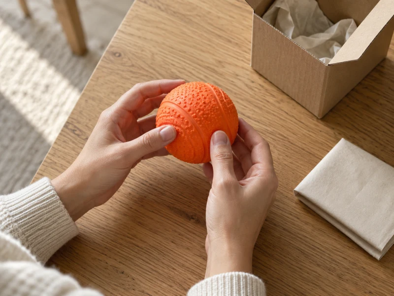 Hands turn an intact generic orange textured ball beside plain packaging.