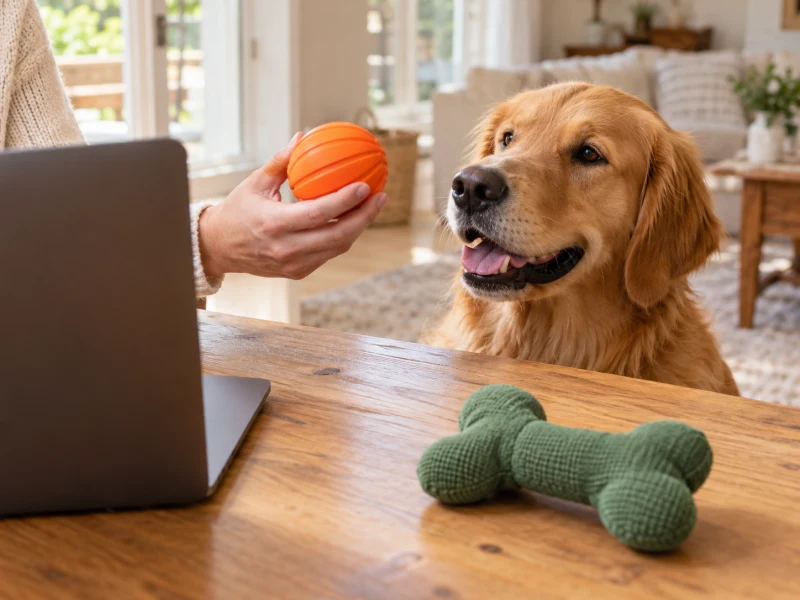 An adult holds an orange ball beside a green fabric bone, laptop and dog.