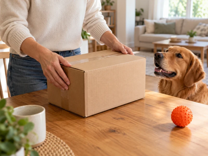 Hands inspect a plain closed parcel beside an orange ball and a calm dog.