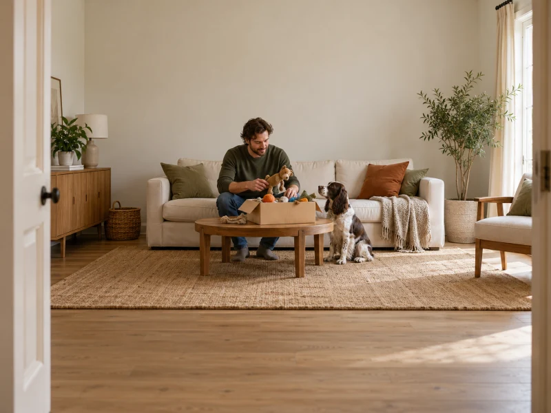 A man sorts generic dog toys at a low table beside a calm spaniel.
