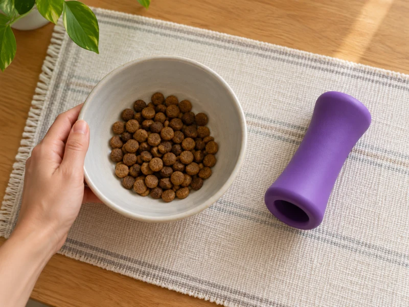 A hand holds a bowl of dry dog food beside a separate generic violet toy.