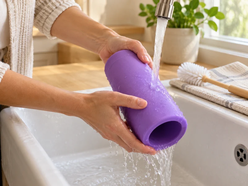 Hands rinse a generic violet hollow toy with a bottle brush resting nearby.