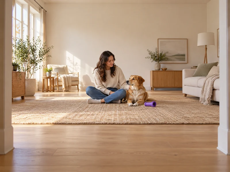 An adult and a calm dog sit beside a generic violet hollow toy.