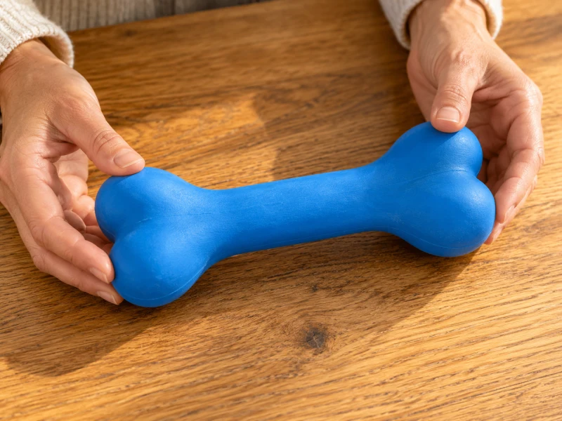 Hands inspect the ends and middle of a generic blue bone-shaped toy.