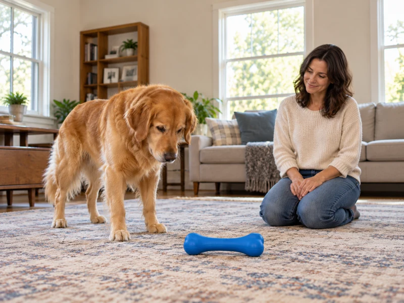 A seated adult watches a standing dog beside a generic blue bone-shaped toy on a rug.