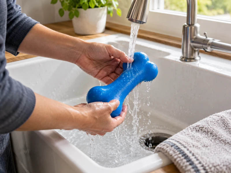 Hands rinse a whole generic blue bone-shaped toy at a utility sink.