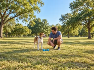 A man and a standing dog pause beside a generic blue bone-shaped toy on grass.