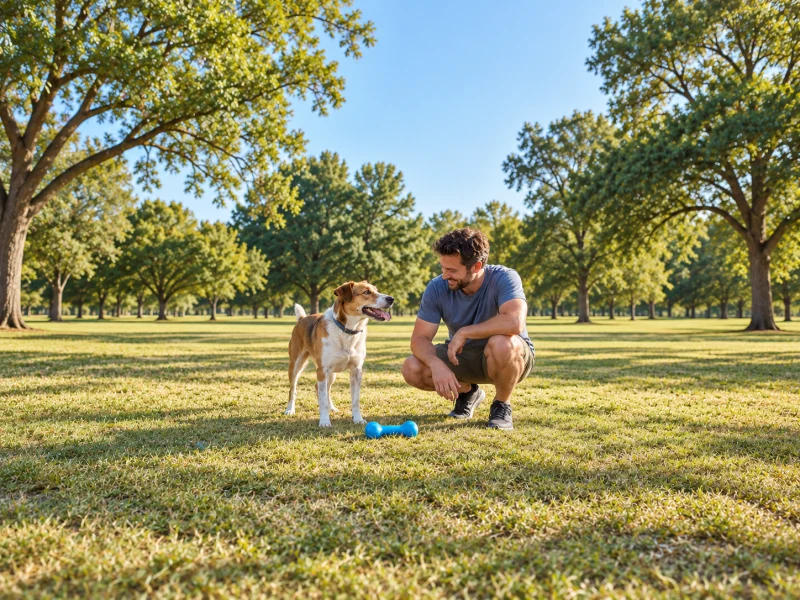 A man and a standing dog pause beside a generic blue bone-shaped toy on grass.