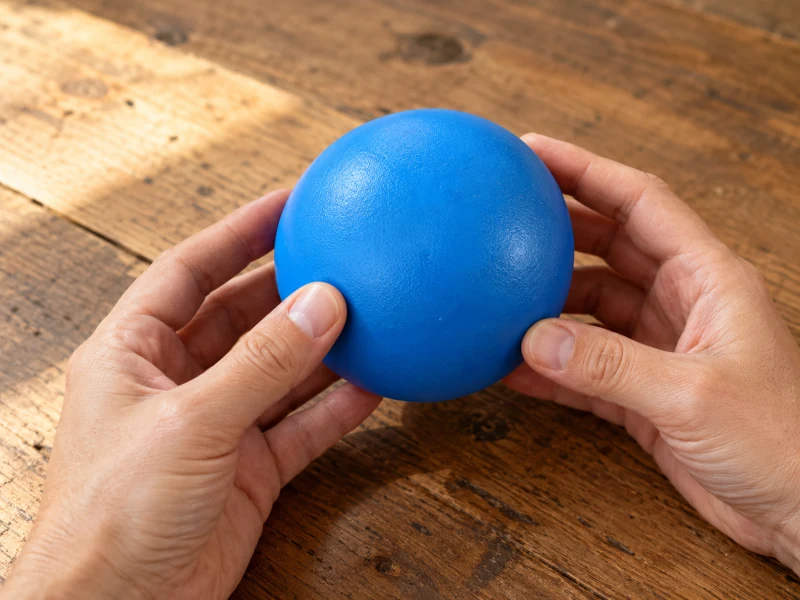 Hands inspect the whole surface of a generic blue ball.