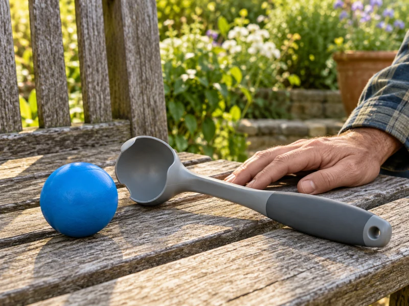 A blue ball rests beside an empty generic gray ball thrower on a bench.