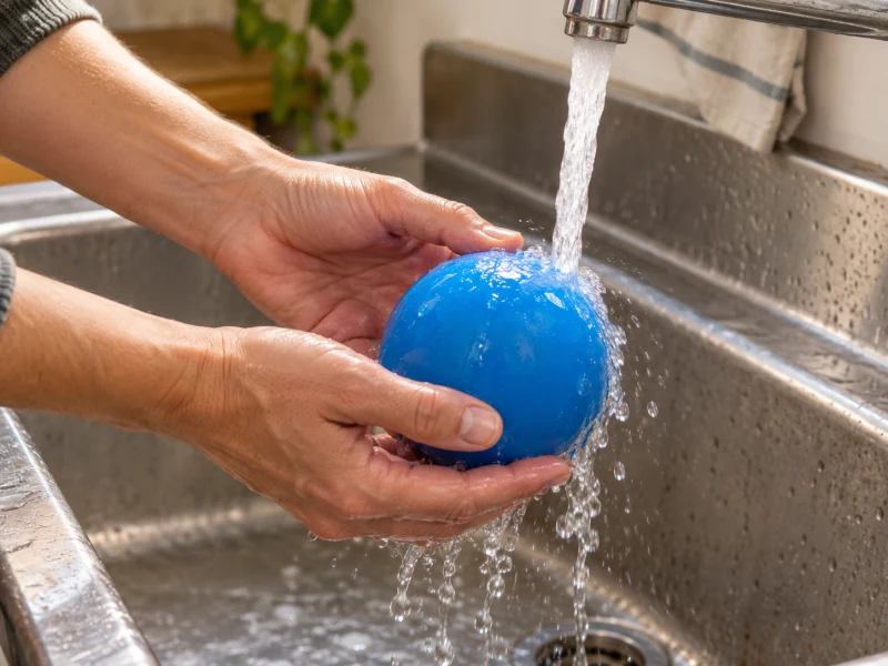 Hands rinse the outside of a whole generic blue ball.