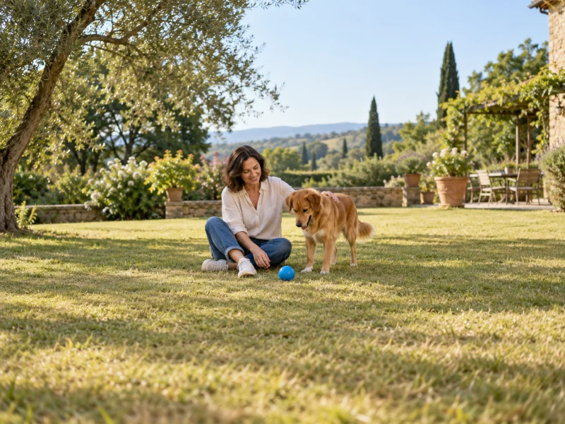 A seated adult and a calm dog pause beside a generic blue ball in a garden.