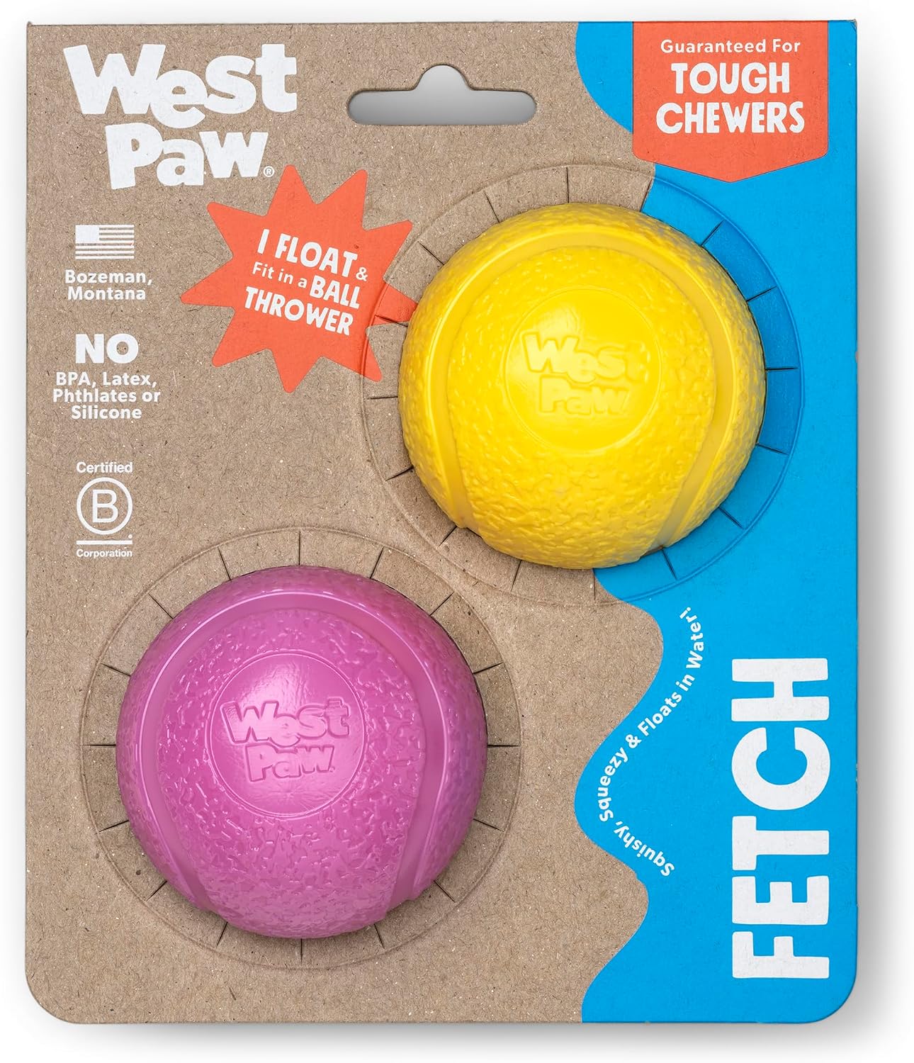 West Paw ball two-pack: Boundr Small in Dandelion Yellow and Hot Pink, original retailer photograph.