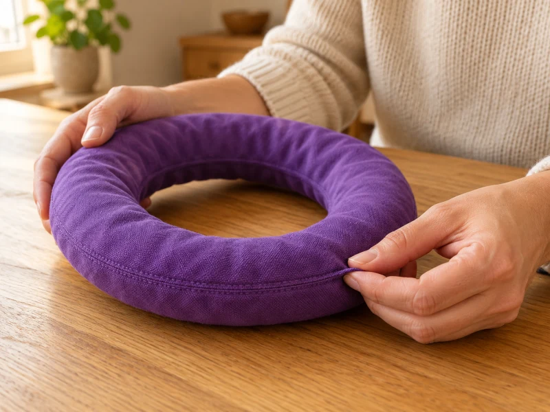 Hands inspect the exterior seam of a plain purple fabric ring.