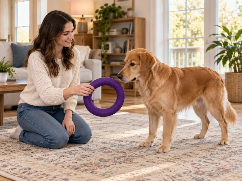 A kneeling adult holds a purple fabric ring near a standing dog.