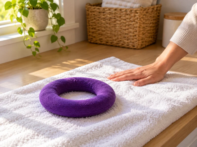 A generic purple fabric ring lies flat on a towel beside an adult hand.