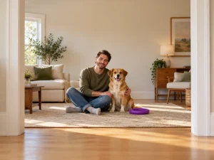 An adult and a calm dog sit beside a generic purple fabric ring.