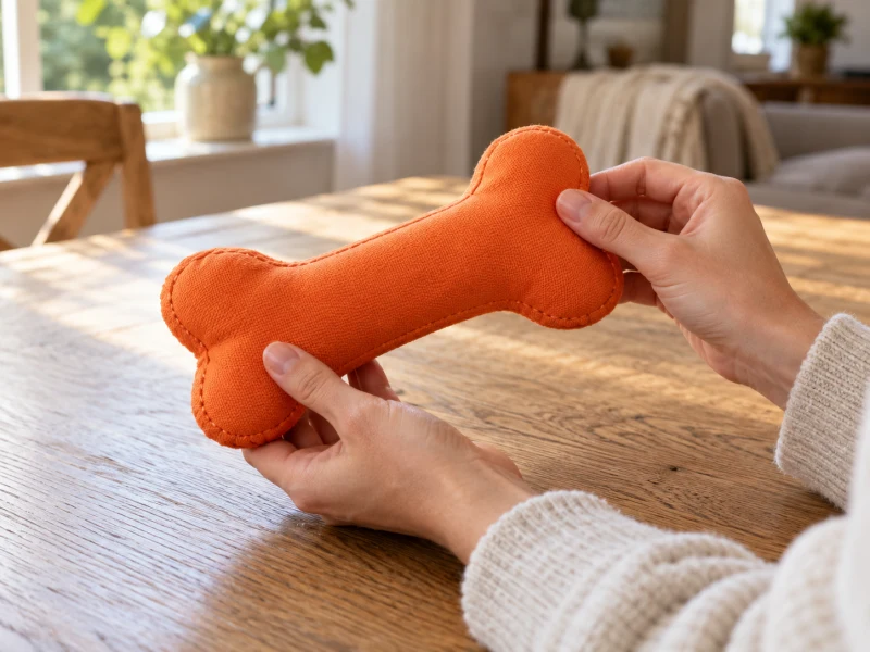 Hands inspect the seam of a generic orange fabric bone-shaped toy.