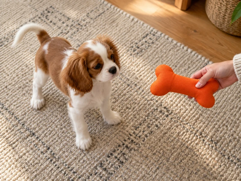A calm puppy looks toward a generic orange fabric toy held away from its mouth.
