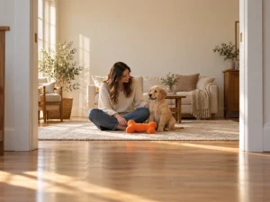 An adult and a calm puppy sit beside a generic orange fabric toy.