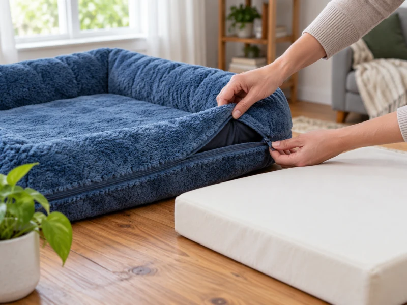 Hands inspect the zipper of a generic blue plush cover beside a separate foam cushion.