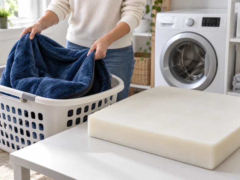 Hands prepare a blue plush cover for laundry while foam remains separate and dry.