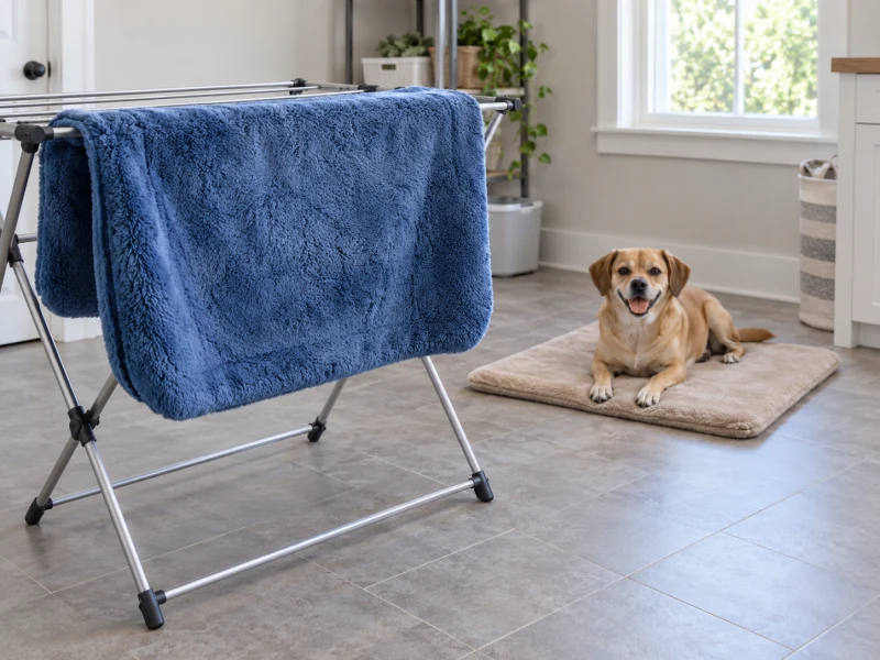 A generic blue plush cover hangs on a drying rack while a dog uses another mat.