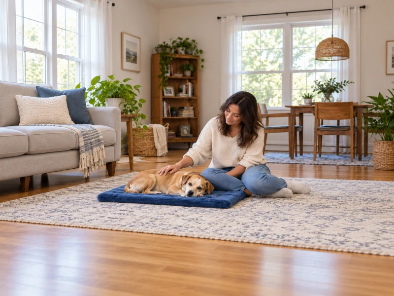 A tan dog rests on a generic blue plush mat beside an adult.