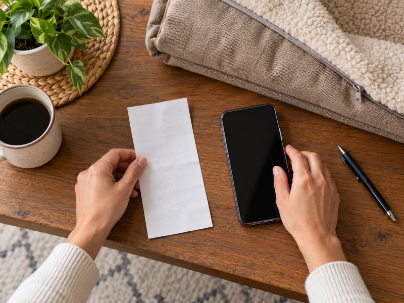 Hands organize a blank purchase slip and a phone beside a bed cover.