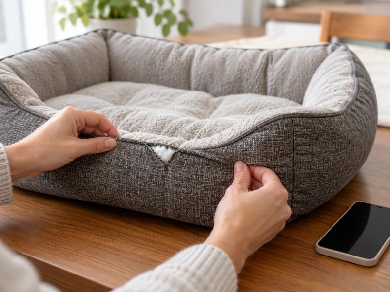 Hands hold a separated cushion seam for inspection on a table.