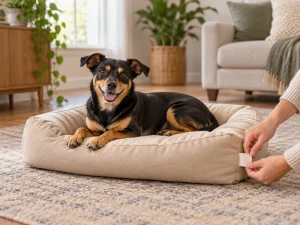 Hands hold a plain bed tag beside a dog resting on an intact beige cushion.