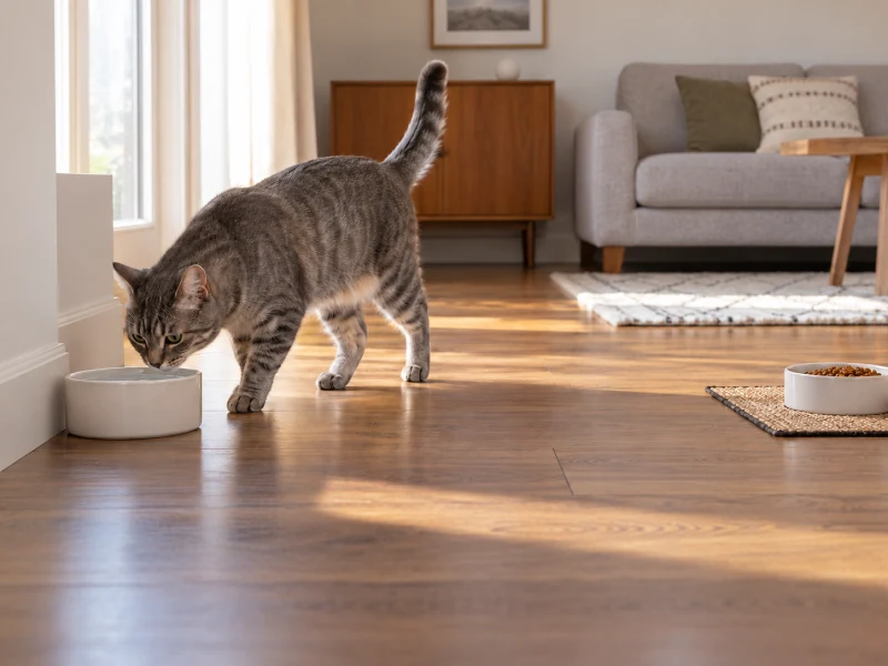 A gray tabby approaches a water bowl placed separately from a food bowl.