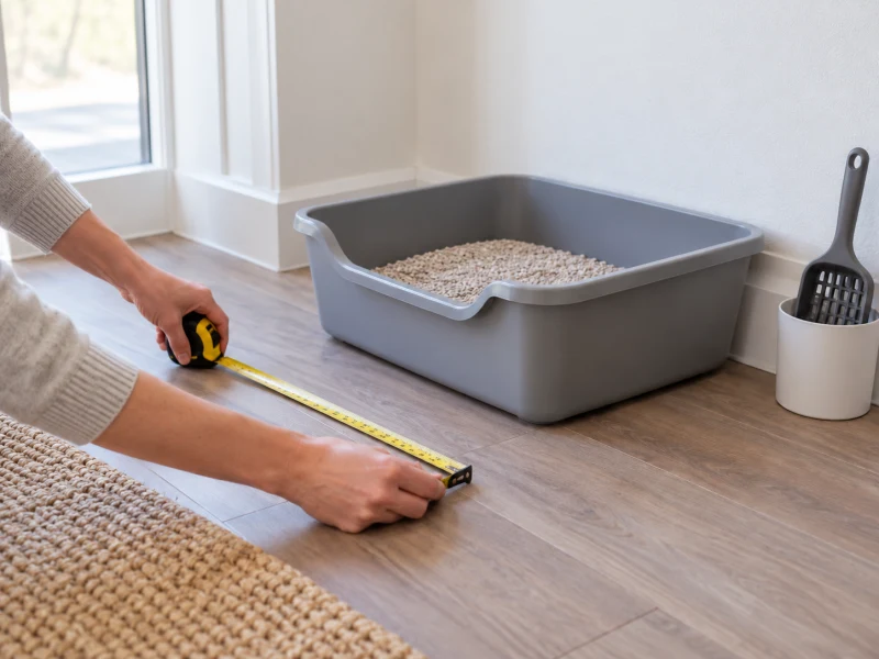 Hands check floor space beside a generic gray open litter tray.