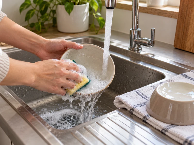Hands wash a ceramic bowl while another bowl drains on a towel.