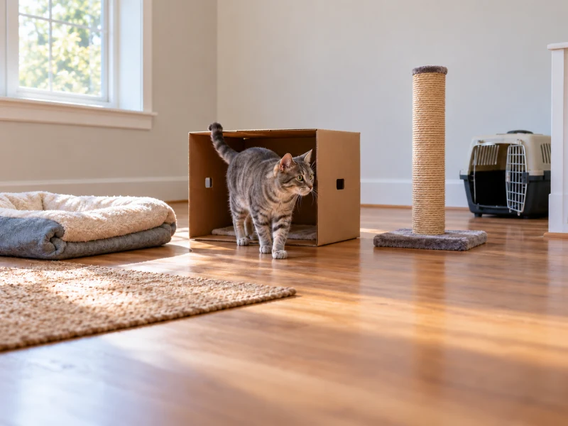 A gray tabby explores a cardboard hiding box beside bedding, a scratching post and a carrier.