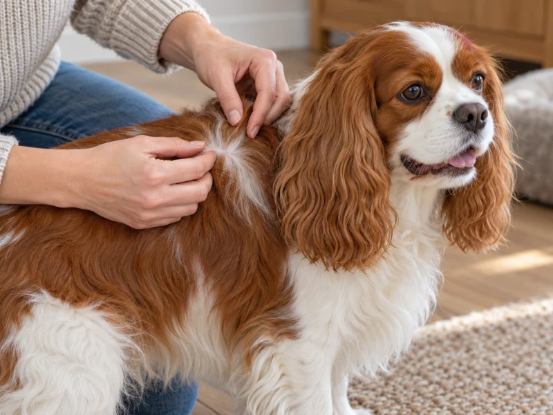 Hands gently part a small area of dog coat for inspection.