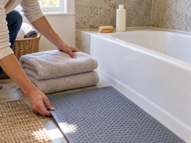 Hands prepare towels and a nonslip mat beside an empty tub.