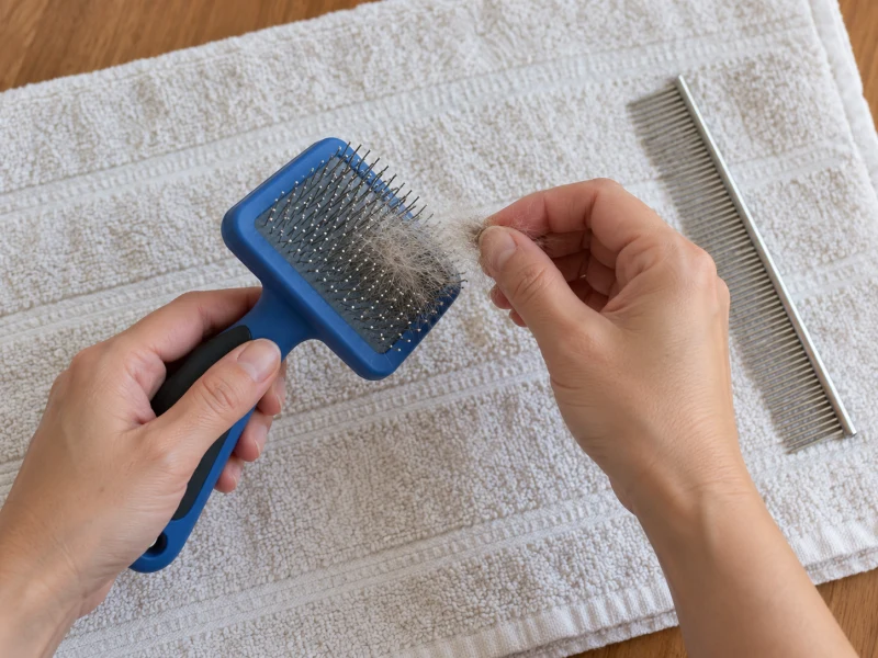 Hands remove loose hair from a generic blue brush beside a comb.