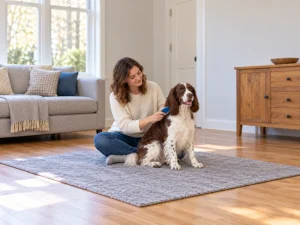 An adult sits beside a relaxed spaniel with a generic blue brush.